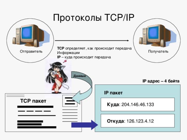 TCP - определяет, как происходит передача информации, IP - куда происходит передача