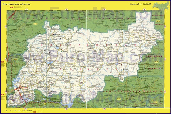 Карта автодорог Костромской области. Автовокзалы. Справочные телефоны.