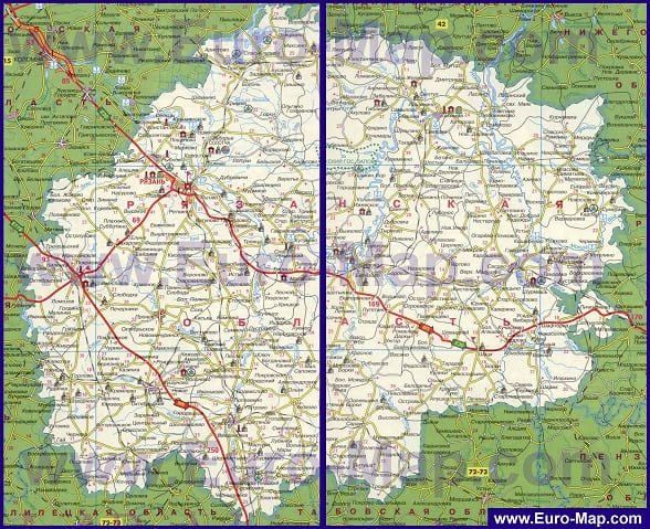 Карта автодорог Рязанской области. Автовокзалы. Справочные телефоны