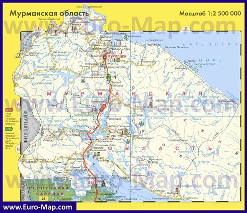 Карта автодорог Мурманской области. Автовокзалы. Справочные телефоны