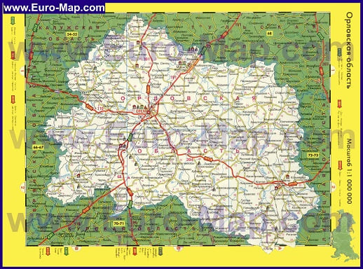 Карта автодорог Орловской области. Автовокзалы. Справочные телефоны