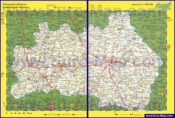 Карта автодорог Тамбовской области. Автовокзалы. Справочные телефоны