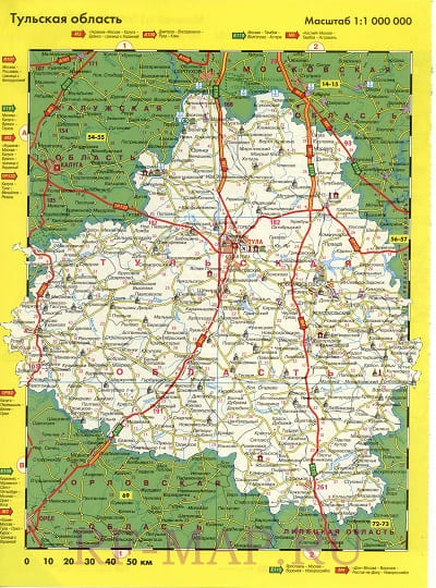 Карта автодорог Тульской области. Автовокзалы, справочные телефоны 