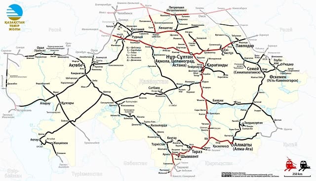 Карта - схема железных дорог Казахстана. Вокзалы. Справочные телефоны.